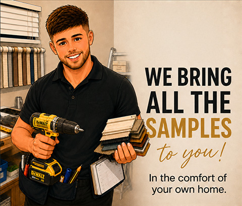 A person holding blind fabric samples in a home setting with tools and measuring tape.