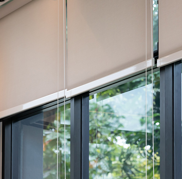 Roller blinds installed on large windows allowing natural light to filter through.