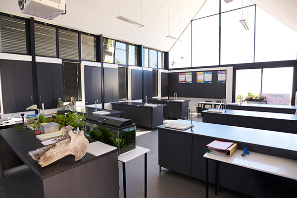 Bright classroom with large windows and modern black cabinetry furniture.