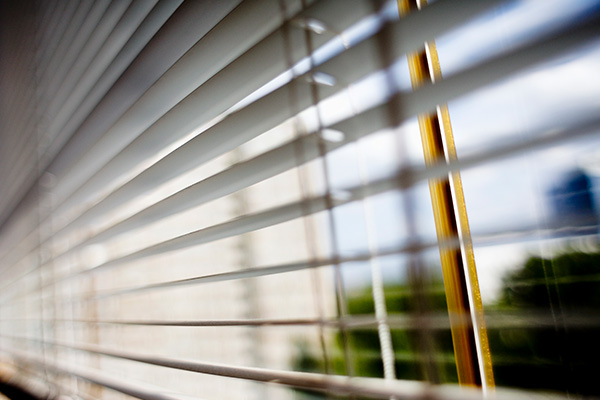 Vertical window blinds allowing light to filter through, showcasing a view outdoors.