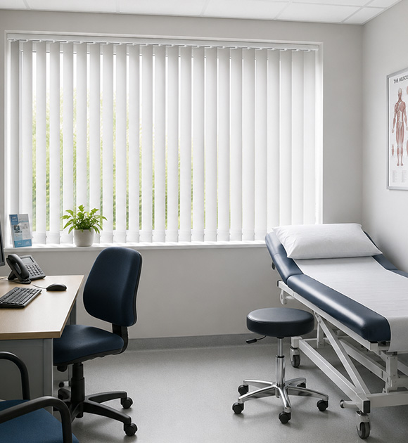 Vertical blinds in a medical office setting, featuring a desk and examination table.